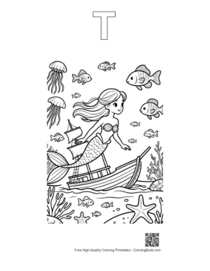 Thumbnail: Cute Mermaid Princess Swimming Beside an Old Treasure Ship Printable Outline Alphabet T
