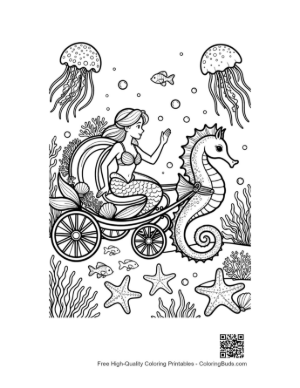 Thumbnail: Elegant Mermaid Princess Traveling in a Grand Seahorse Chariot Printable