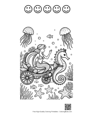 Thumbnail: Elegant Mermaid Princess Traveling in a Grand Seahorse Chariot Printable and 5 Happy Face Outline