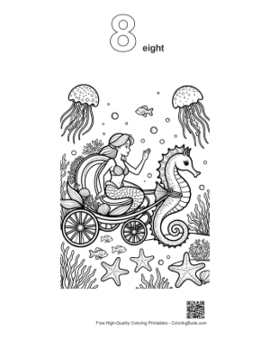Thumbnail: Elegant Mermaid Princess Traveling in a Grand Seahorse Chariot Printable Outline Number 8