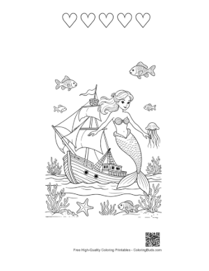 Thumbnail: Fantasy Mermaid Princess and Classic Wooden Ship Underwater Printable and 5 Heart Outline