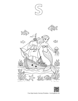 Thumbnail: Fantasy Mermaid Princess and Classic Wooden Ship Underwater Printable Outline Alphabet S