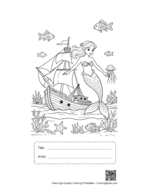 Thumbnail: Fantasy Mermaid Princess and Classic Wooden Ship Underwater Printable with Title and Artist Box