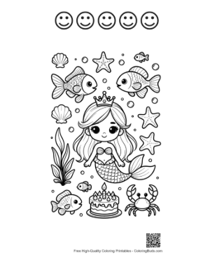 Thumbnail: Joyful Mermaid Princess Presenting a Large Birthday Cake Printable and 5 Happy Face Outline