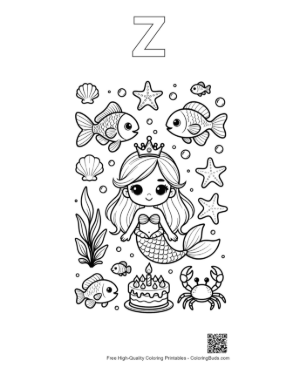 Thumbnail: Joyful Mermaid Princess Presenting a Large Birthday Cake Printable Outline Alphabet Z