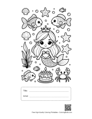 Thumbnail: Joyful Mermaid Princess Presenting a Large Birthday Cake Printable with Title and Artist Box