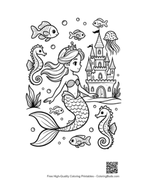 Thumbnail: Lovely Mermaid Princess Waving in Front of a Sea Castle Printable