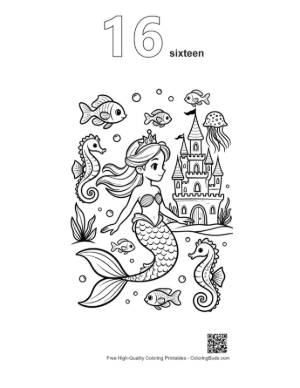 Thumbnail: Lovely Mermaid Princess Waving in Front of a Sea Castle Printable Outline Number 16