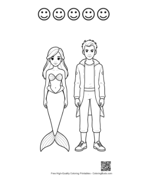 Thumbnail: Mermaid Princess and Modern Prince Standing Together Printable and 5 Happy Face Outline