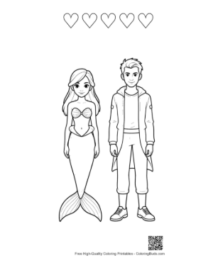 Thumbnail: Mermaid Princess and Modern Prince Standing Together Printable and 5 Heart Outline