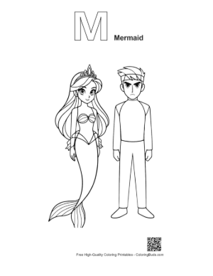Thumbnail: Mermaid Princess and Serious Racer Guy Printable Outline Alphabet M Mermaid