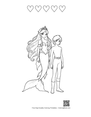 Thumbnail: Mermaid Princess and Young Boy Standing Together Printable and 5 Heart Outline