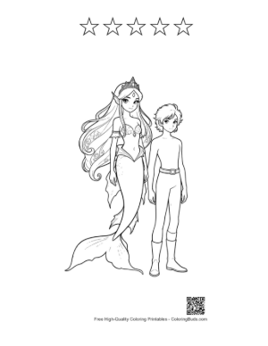 Thumbnail: Mermaid Princess and Young Boy Standing Together Printable and 5 Star Outline