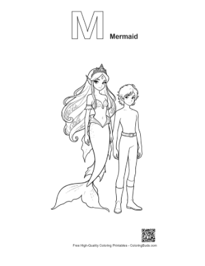 Thumbnail: Mermaid Princess and Young Boy Standing Together Printable Outline Alphabet M Mermaid
