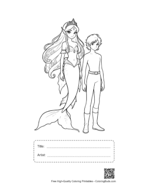 Thumbnail: Mermaid Princess and Young Boy Standing Together Printable with Title and Artist Box