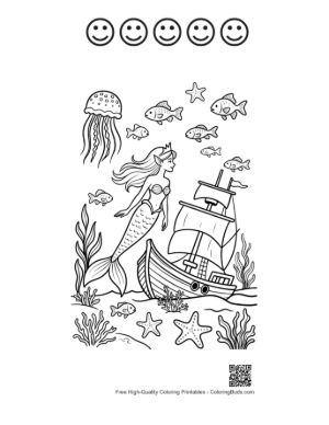 Thumbnail: Mermaid Princess Coloring Sheet Printable and 5 Happy Face Outline