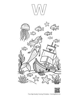 Thumbnail: Mermaid Princess Coloring Sheet Printable Outline Alphabet W
