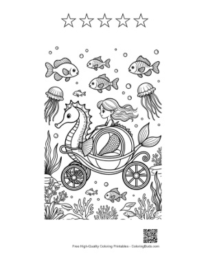 Thumbnail: Ocean Princess Mermaid Enjoying a Ride in a Seahorse Carriage Printable and 5 Star Outline