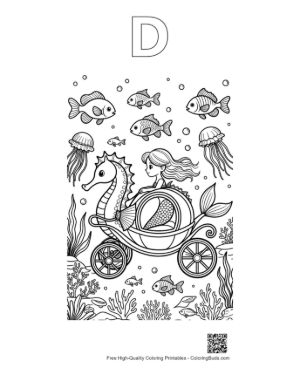 Thumbnail: Ocean Princess Mermaid Enjoying a Ride in a Seahorse Carriage Printable Outline Alphabet D