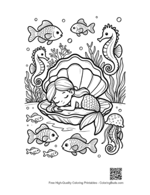 Thumbnail: Sweet Little Mermaid Dreaming Inside a Magical Ocean Pearl Shell Printable