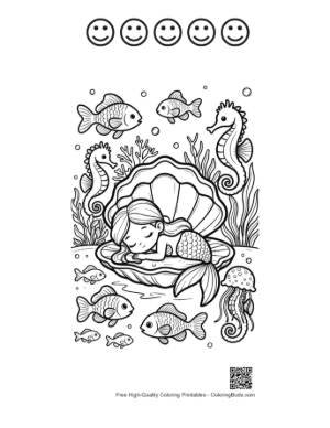 Thumbnail: Sweet Little Mermaid Dreaming Inside a Magical Ocean Pearl Shell Printable and 5 Happy Face Outline