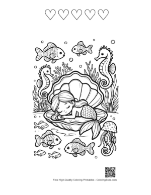 Thumbnail: Sweet Little Mermaid Dreaming Inside a Magical Ocean Pearl Shell Printable and 5 Heart Outline