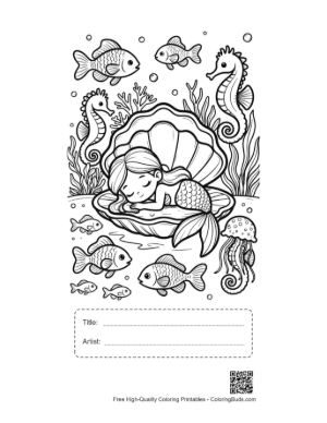 Thumbnail: Sweet Little Mermaid Dreaming Inside a Magical Ocean Pearl Shell Printable with Title and Artist Box