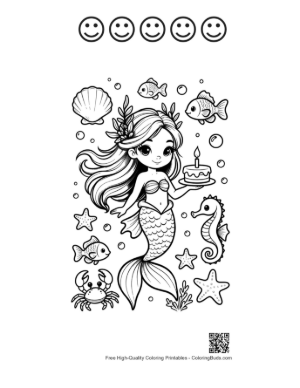 Thumbnail: Sweet Mermaid Princess Making a Wish Over Her Birthday Cake Printable and 5 Happy Face Outline