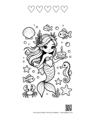 Thumbnail: Sweet Mermaid Princess Making a Wish Over Her Birthday Cake Printable and 5 Heart Outline
