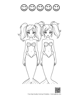 Thumbnail: Twin Mermaid Princesses Coloring Page Printable and 5 Happy Face Outline