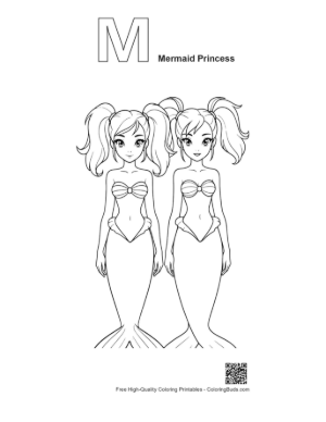 Thumbnail: Twin Mermaid Princesses Coloring Page Printable Outline Alphabet M Mermaid Princess