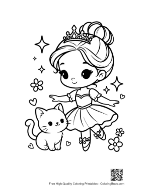Thumbnail: Adorable Ballerina Princess Posing with Her Pet Kitten Printable