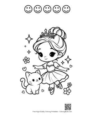 Thumbnail: Adorable Ballerina Princess Posing with Her Pet Kitten Printable and 5 Happy Face Outline
