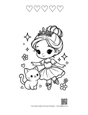 Thumbnail: Adorable Ballerina Princess Posing with Her Pet Kitten Printable and 5 Heart Outline