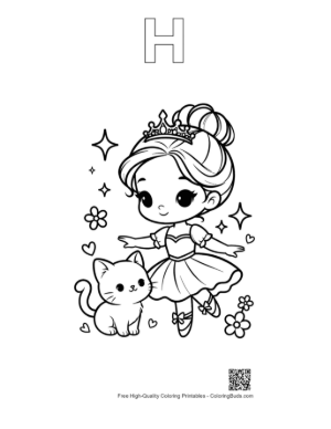 Thumbnail: Adorable Ballerina Princess Posing with Her Pet Kitten Printable Outline Alphabet H