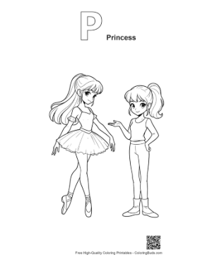 Thumbnail: Ballerina Princess and Friend Posing Printable Outline Alphabet P Princess