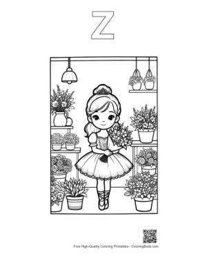Thumbnail: Ballerina Princess Standing in a Dreamy Flower Shop Printable Outline Alphabet Z