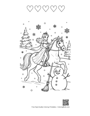 Thumbnail: Brave Ice Princess on a Stallion Riding Past a Winter Snowman Printable and 5 Heart Outline