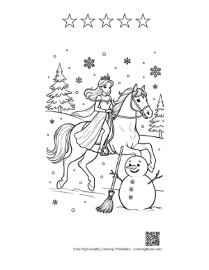 Thumbnail: Brave Ice Princess on a Stallion Riding Past a Winter Snowman Printable and 5 Star Outline