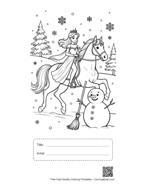 Thumbnail: Brave Ice Princess on a Stallion Riding Past a Winter Snowman Printable with Title and Artist Box