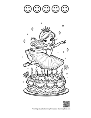 Thumbnail: Cute Ballerina Princess Celebrating with a Birthday Cake Printable and 5 Happy Face Outline