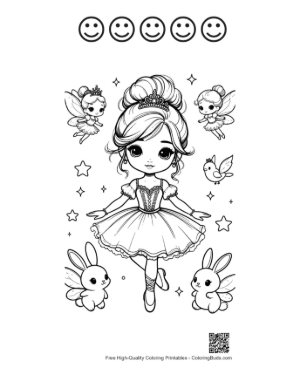 Thumbnail: Cute Ballerina Princess Dancing with Little Fairy Friends Printable and 5 Happy Face Outline