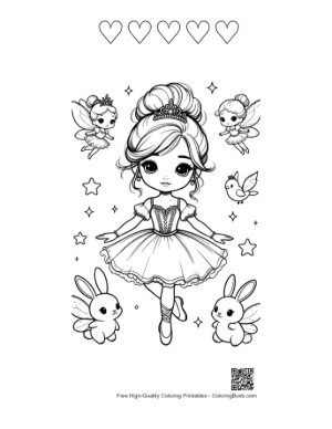 Thumbnail: Cute Ballerina Princess Dancing with Little Fairy Friends Printable and 5 Heart Outline