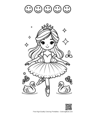 Thumbnail: Elegant Ballet Princess Dancing on a Stage with Swans Printable and 5 Happy Face Outline
