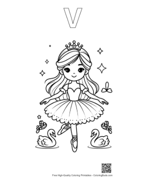 Thumbnail: Elegant Ballet Princess Dancing on a Stage with Swans Printable Outline Alphabet V