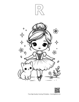 Thumbnail: Graceful Ballerina Princess Performing in a Spring Garden Printable Outline Alphabet R