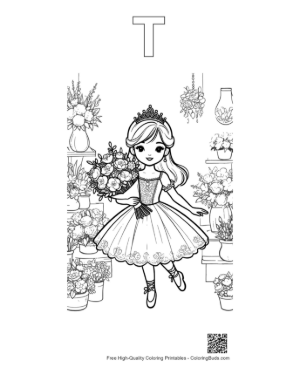 Thumbnail: Graceful Ballet Princess with a Crown and Flowers Printable Outline Alphabet T