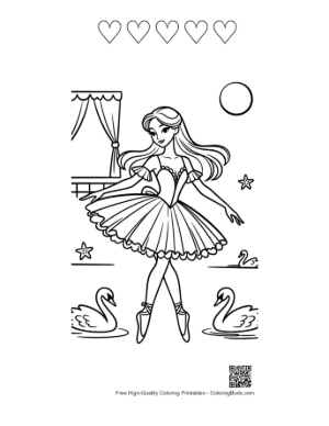 Thumbnail: Graceful Princess Ballerina Performing a Pose on Stage Printable and 5 Heart Outline