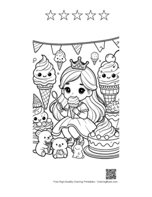 Thumbnail: Joyful Ice Princess Celebrating with Winter Treats and Penguins Printable and 5 Star Outline