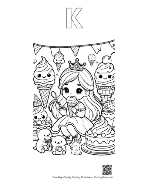 Thumbnail: Joyful Ice Princess Celebrating with Winter Treats and Penguins Printable Outline Alphabet K